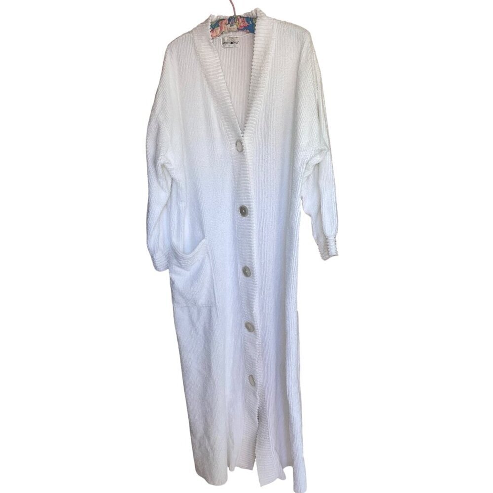 Apostrophe Womens Size M White Cotton Chenille Pocket V-neck Maxi Robe Vintage
